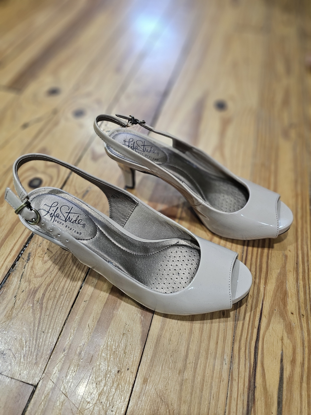 Life Stride Nude Patent Peep-Toe Slingback Heels